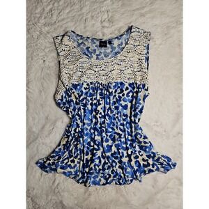 Rafaella Plus Size 3X Blue Animal Print Sleeveless Top with Crochet Lace Trim